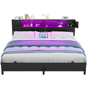 Homieasy Bed Frame with Storage Headboard and Charging Station, Luxury Cool Bed Frame with LED Lights, Steel Slat Support, No Box Spring Needed, Noise-Free, Easy Assembly
