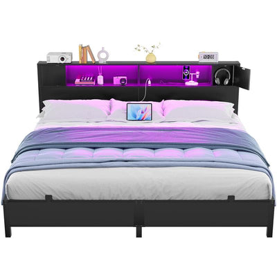 Homieasy Bed Frame with Storage Headboard and Charging Station, Luxury Cool Bed Frame with LED Lights, Steel Slat Support, No Box Spring Needed, Noise-Free, Easy Assembly