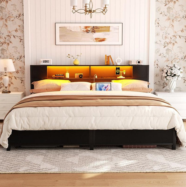 Homieasy Bed Frame with Storage Headboard and Charging Station, Luxury Cool Bed Frame with LED Lights, Steel Slat Support, No Box Spring Needed, Noise-Free, Easy Assembly