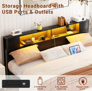 Homieasy Bed Frame with Storage Headboard and Charging Station, Luxury Cool Bed Frame with LED Lights, Steel Slat Support, No Box Spring Needed, Noise-Free, Easy Assembly