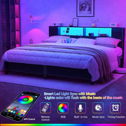 Homieasy Bed Frame with Storage Headboard and Charging Station, Luxury Cool Bed Frame with LED Lights, Steel Slat Support, No Box Spring Needed, Noise-Free, Easy Assembly