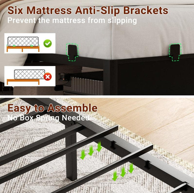 Homieasy Bed Frame with Storage Headboard and Charging Station, Luxury Cool Bed Frame with LED Lights, Steel Slat Support, No Box Spring Needed, Noise-Free, Easy Assembly