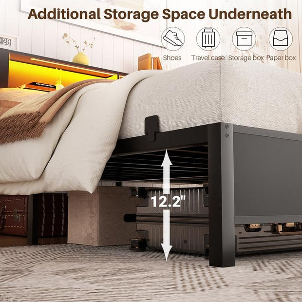 Homieasy Bed Frame with Storage Headboard and Charging Station, Luxury Cool Bed Frame with LED Lights, Steel Slat Support, No Box Spring Needed, Noise-Free, Easy Assembly