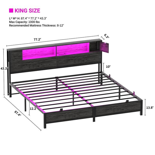 Homieasy Bed Frame with Storage Headboard and Charging Station, Luxury Cool Bed Frame with LED Lights, Steel Slat Support, No Box Spring Needed, Noise-Free, Easy Assembly