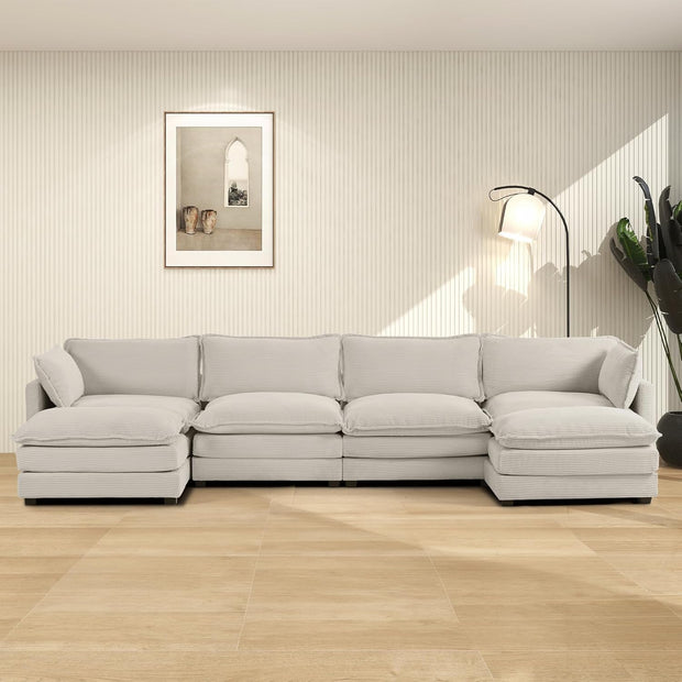 ROWHY Oversized Modular Sectional Sofa with Movable Ottoman, 112 Inch 4 Seat Modern Corduroy Sofa Set, Convertible L Shaped Couch for Living Room and Office, Beige