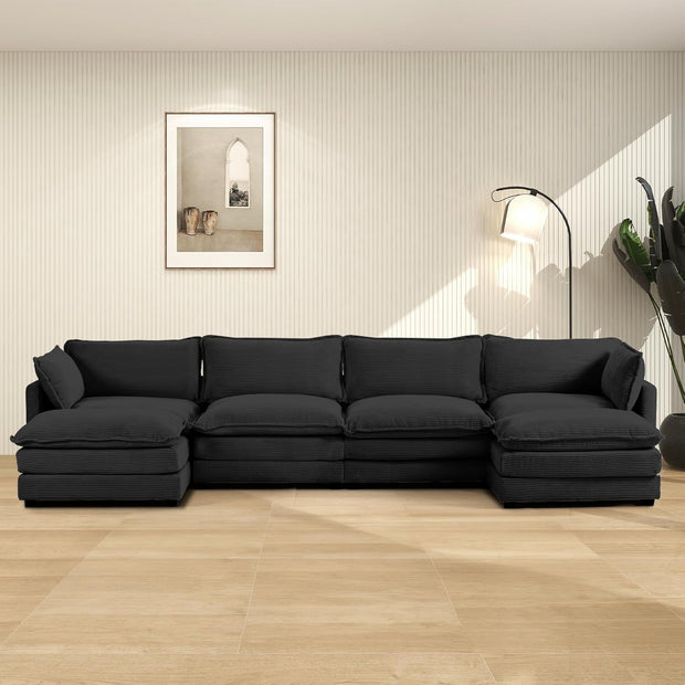 ROWHY Oversized Modular Sectional Sofa with Movable Ottoman, 112 Inch 4 Seat Modern Corduroy Sofa Set, Convertible L Shaped Couch for Living Room and Office, Beige