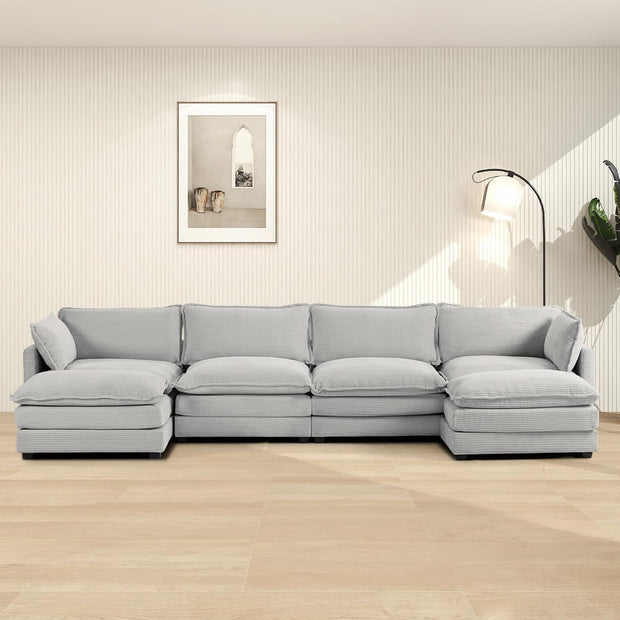ROWHY Oversized Modular Sectional Sofa with Movable Ottoman, 112 Inch 4 Seat Modern Corduroy Sofa Set, Convertible L Shaped Couch for Living Room and Office, Beige