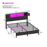 Homieasy Bed Frame with Storage Headboard and Charging Station, Luxury Cool Bed Frame with LED Lights, Steel Slat Support, No Box Spring Needed, Noise-Free, Easy Assembly