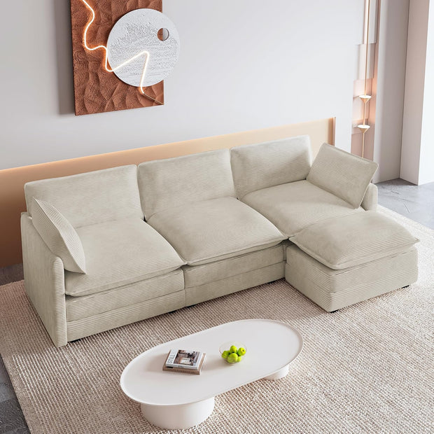 ROWHY Oversized Modular Sectional Sofa with Movable Ottoman, 112 Inch 4 Seat Modern Corduroy Sofa Set, Convertible L Shaped Couch for Living Room and Office, Beige