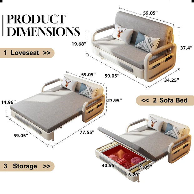 2-in-1 Multifunctional Sofa Bed w/ Adjustable Backrest & Storage